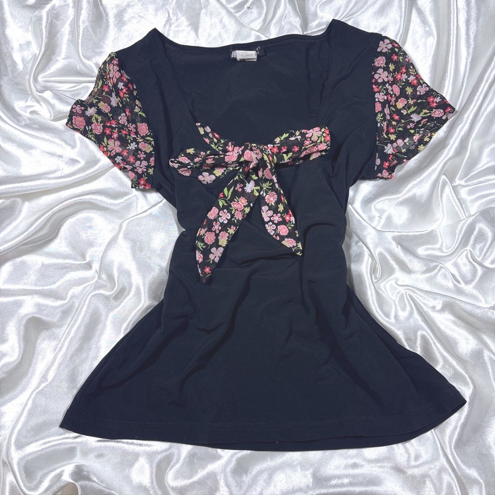 y2k Carole Little Top Black Excellent Floral Print Bow Accent Short Sleeve
